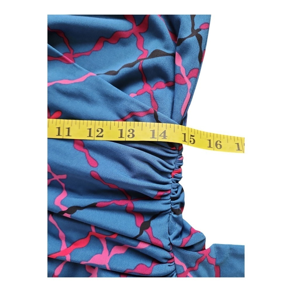 Classic Feminine Ruched Midi Dress Blue Abstract Print Workwear Office Chic 10 - Picture 12 of 16